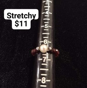 Handmade Beaded Stretchy Ring, garnet and pearl colors